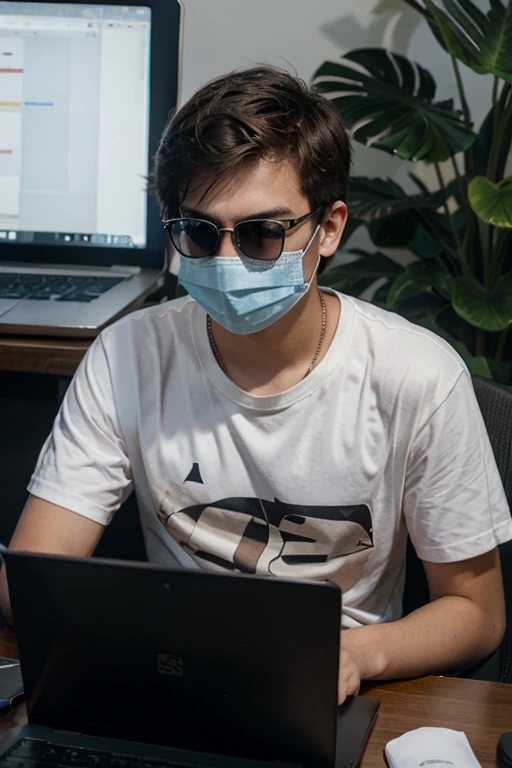 A 18 years old boy with mask and sunglasses sit infront of laptop