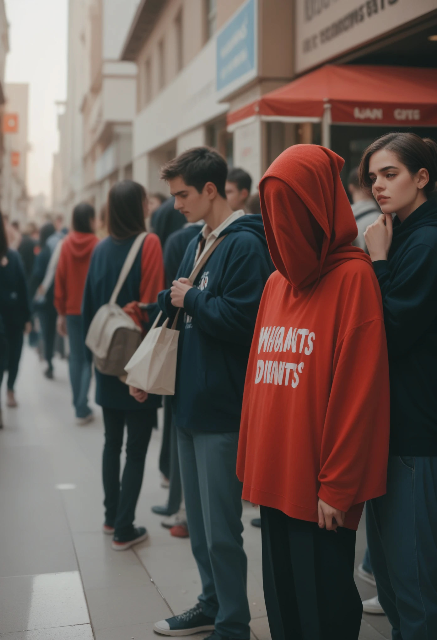 Many students are protesting with red cloths covering their eyes and faces