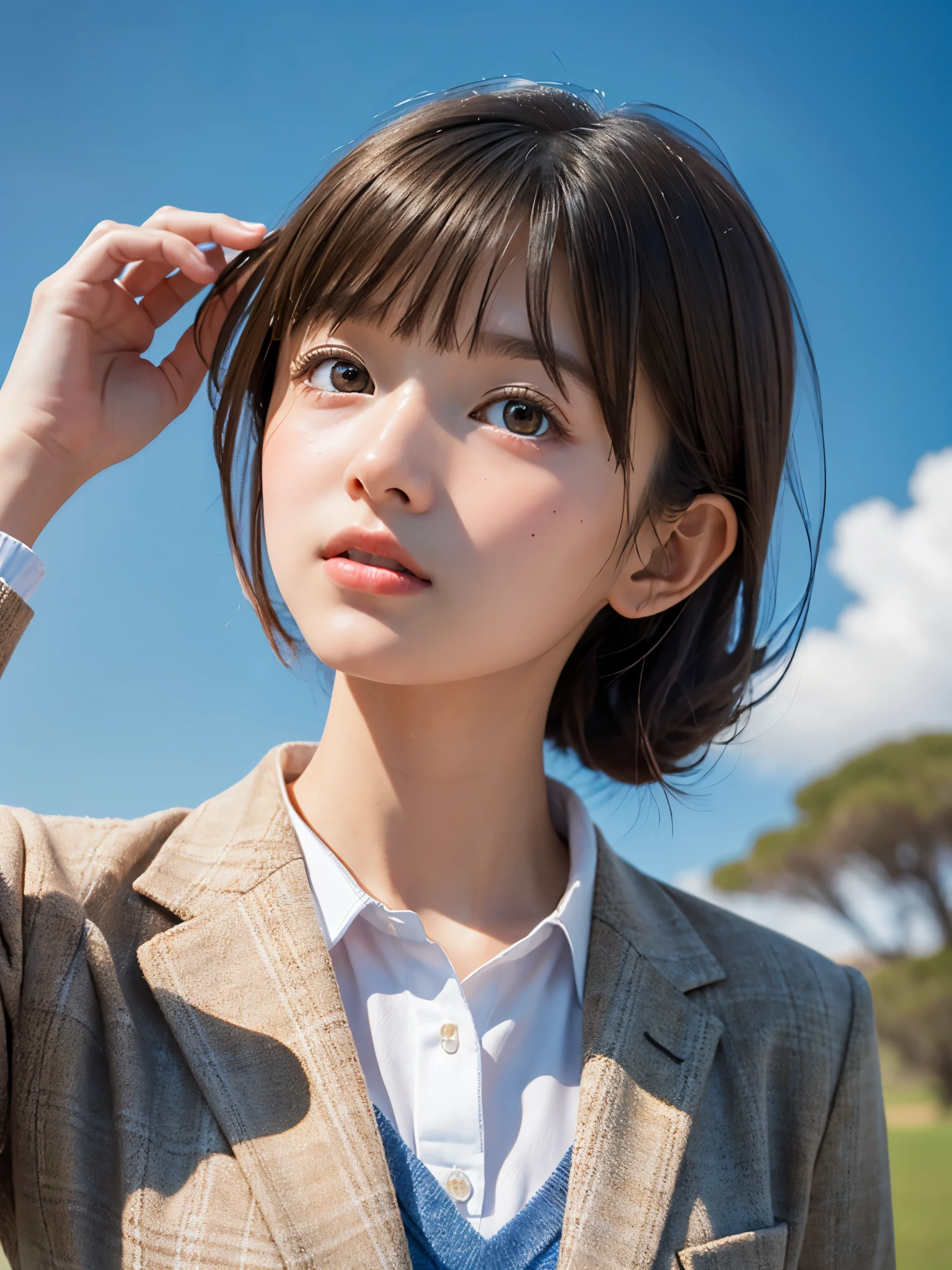 One Girl,(1人のとてもcute女の子:1.3),masterpiece,Highest quality,High resolution,From below,Low - Angle,Photorealistic,RAW Photos,Ray Tracing,Physically Based Rendering,beautiful girl,(15 years old:1.3),cute,Big eyes,(detailed pupils:1.2),(The face is facing straight ahead:1.3),Body facing forward,Beautiful nose,Upturned nose,Fuller lips,Short black hair,ponytail,short hair,Detailed eyelashes,Thin eyebrows,Very fine grain definition,(Symmetrical eyes,Golden Ratio:1.3),(Face close-up,Face Focus:1.0),Small breasts,Short neck,blazer,Checkered pleated skirt,coastal,Blue sky,White cloud,School uniforms,Portrait,View Viewer,Upper Body,Cinema Lighting,High resolution,Very detailed