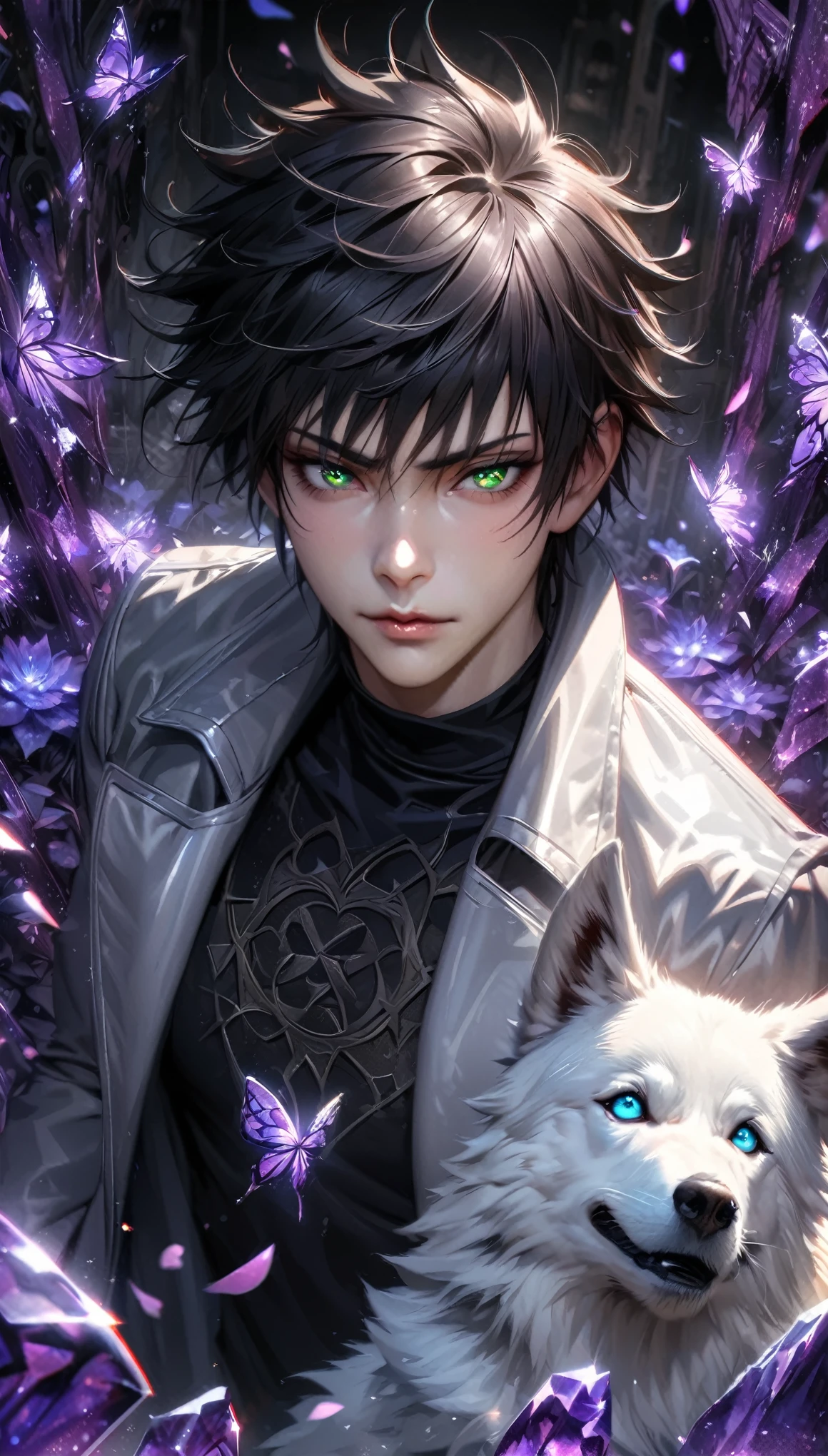 Extremely detailed, high resolution, absurd, HDR, masterpiece, Fushiguro Megumi, Black Hair, Expressive green eyes, Jiu Jitsu Kaiba, Black pattern long coat, Purple Ice flowers, petal, Very handsome, Sexy men, Solitary, Extremely detailed eyes and face, Purple Ice, Purple Ice sparkling butterflies, Black skinny T-shirt, Realistic face, sparkling, sparkling eyes, White Wolf,