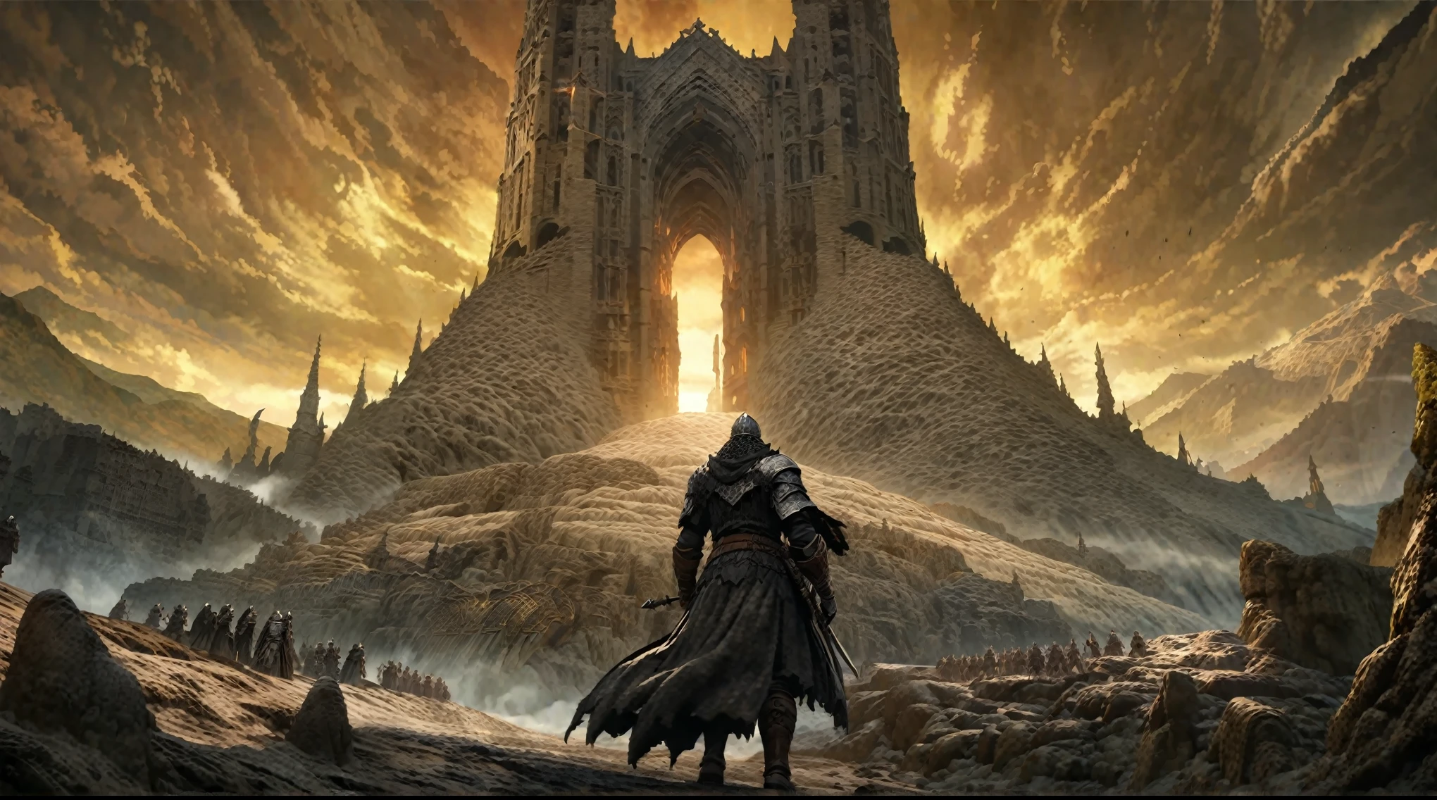  anime aestetics, anime scenery, grand finale, gigantic mountain of sand with passage in the center, godly gates, giganticstucture, portal to the world of gods, black and yellow skies, moment after the final battle, elden ring, elden ring scenery, elden ring style, fromsoftware, dark soul concept, from software game, dark souls art style dark souls art, dark souls style, dark souls screenshot, dark souls, from below, wide shot, perspective, atmospheric perspective, 4K, 8k, highres, best quality, super detail, award winning, masterpiece, UHD