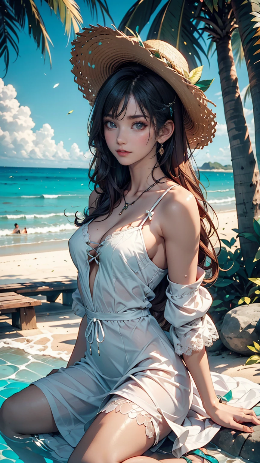 24-year-old woman、Indigo Hair、semi-long、Straw hat、White summer dress decorated with lace、Lace-up sandals、Tropical Cove、Emerald Green Sea、beautiful sea、White sand beach、It is surrounded by cliffs on three sides.、Nobody is here、Have the beach all to yourself