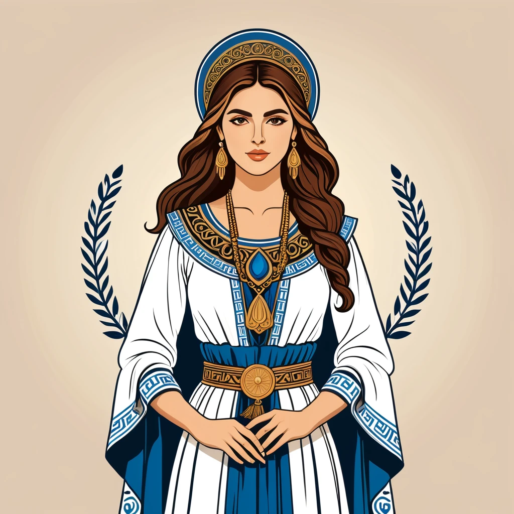 female enchanter in greek folk outfit ,vector graphics, strong contours, logo design
