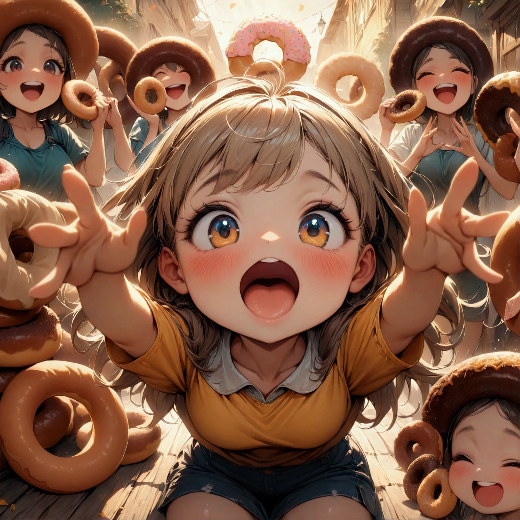 ((super giant doughnut)), (girls eating donuts), multiple girls, group picture, lineup, (masterpiece:1.2), best quality, high quality, (hyper detailed), 4K, high resolution, extremely fine, giggling, funny expressions, beautiful lighting, warm colors, atmosphere, cartoon style, motion blur, comical, playful, uplifting, cheers, celebration,