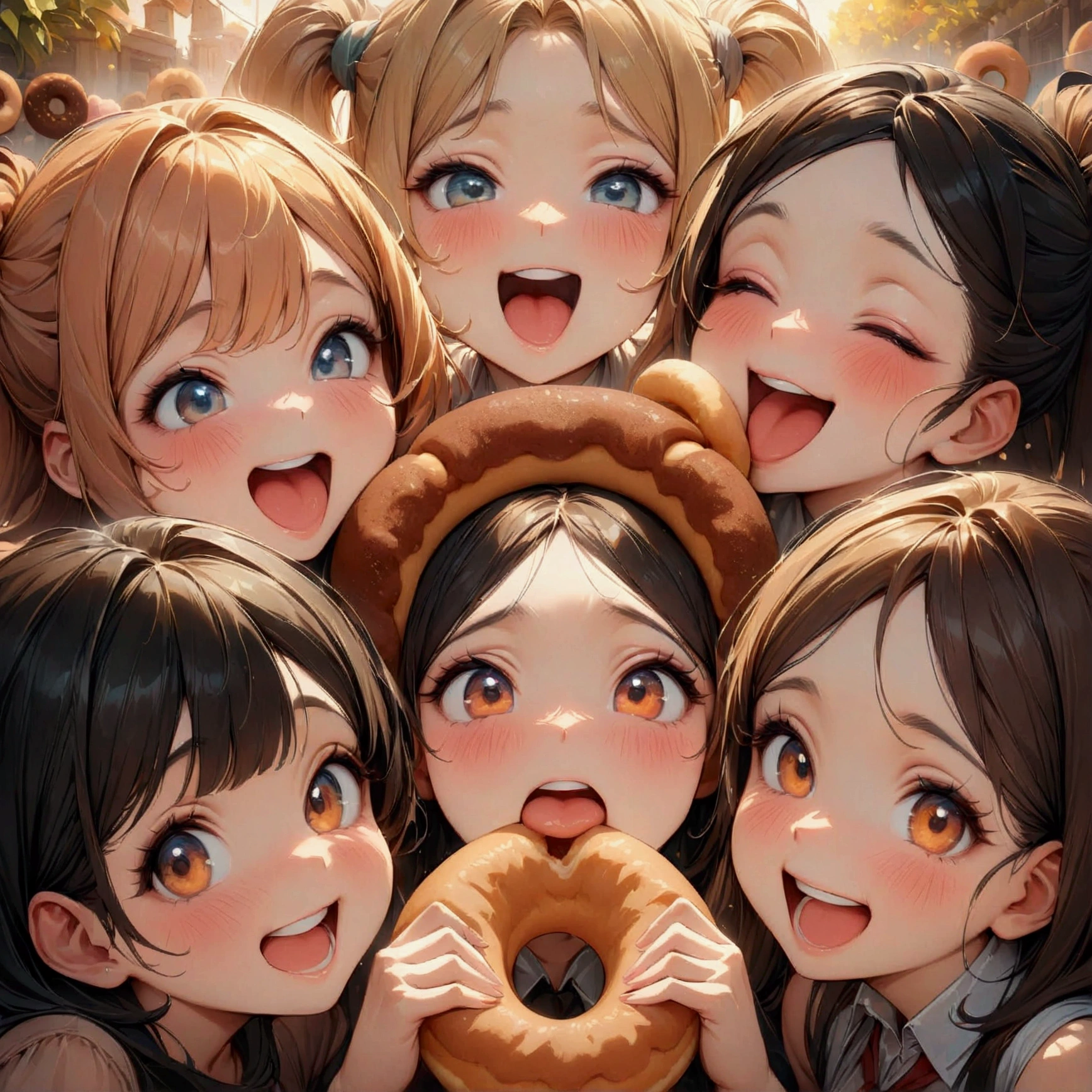 ((super giant doughnut)), (girls eating donuts), multiple girls, group picture, lineup, (masterpiece:1.2), best quality, high quality, (hyper detailed), 4K, high resolution, extremely fine, giggling, funny expressions, beautiful lighting, warm colors, atmosphere, cartoon style, motion blur, comical, playful, uplifting, cheers, celebration,