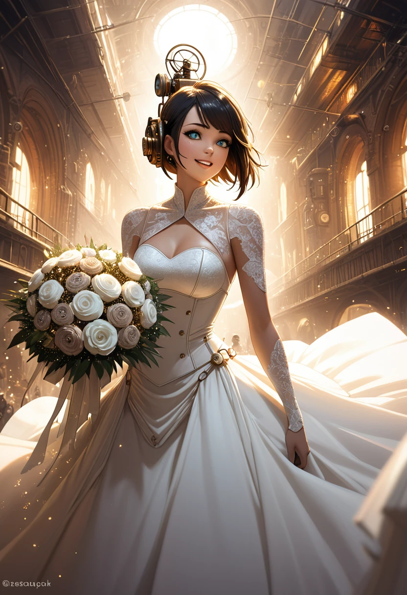 Highest quality, Super quality, 16K, Incredibly absurd, Very detailed, 2.5D, delicate and dynamic, Beautiful woman, Captivating smile, Pure white wedding dress, Great style, bouquet, steampunk, Dieselpunk, Clockpunk, cyber punk, Glitter effect, Giant donut