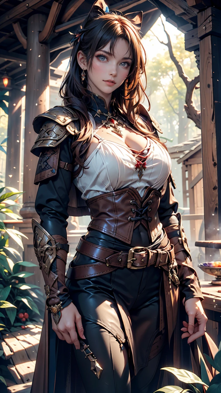 Highest quality, masterpiece, Ultra-high resolution, Strong Woman, Long Curly Hair, Leather Armor, Medieval costume, Shooter, Exquisite Bow, Mystical Runes, Magic, Detailed background, forest, extreme detailed, 4K,  