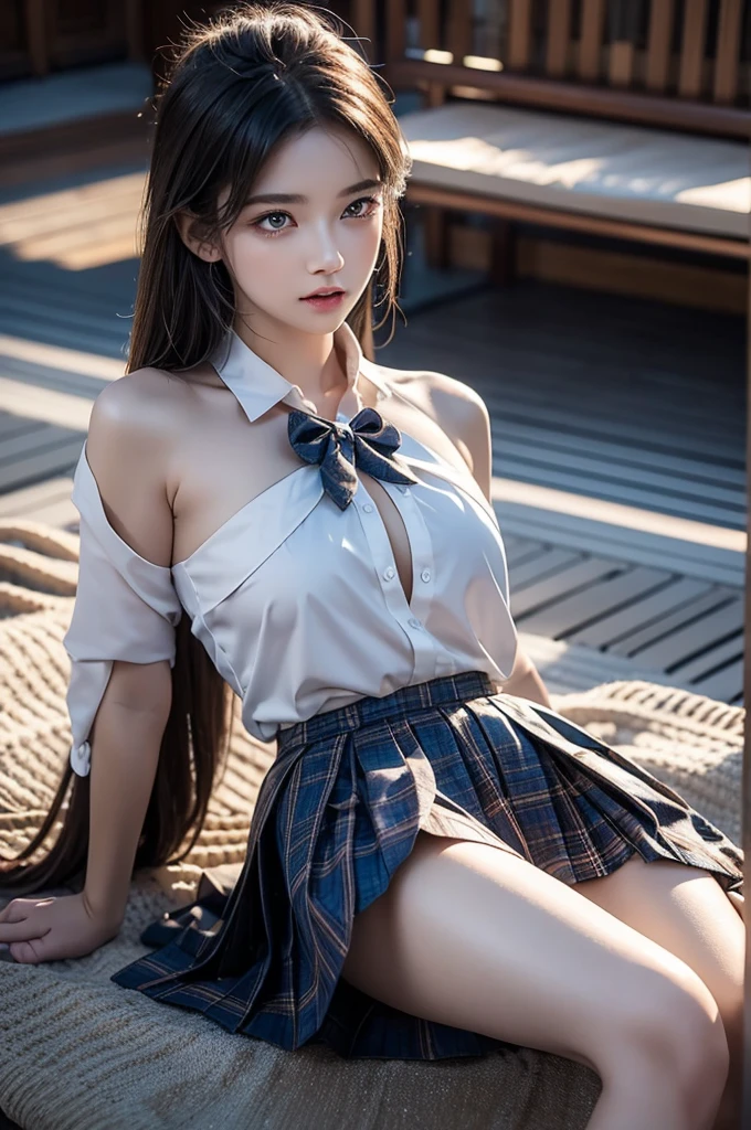 jk suit
plaid skirt
pleated skirt
shirt
bowtie (Sun, sea, sand), a beautiful woman, a stunning girl sitting on the beach with her knees bent and sideways, (Very nice legs, no extra legs, anatomically correct), surrounded by flowers and butterflies, her chest partially visible, Lean back, leaning back with her elbows supporting her body, 1girl, detailed face, illuminated by moonlight, atmospheric lighting, detailed environment, dramatic lighting, cinematic, moody, fantasy setting, Beauty goddess, sexy pose, shining silver light, on the hot content