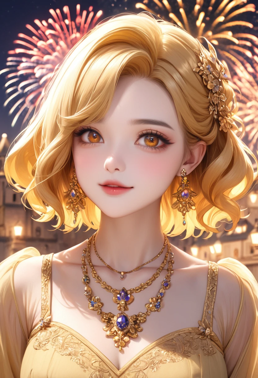 1 female　Yellow short wavy hair　Yellow eyebrows　Orange eyes　Socialite debut　Beige gold embroidered long dress　Inside the castle　firework 　hair ornaments　Gorgeous necklace with matching earrings　Golden West