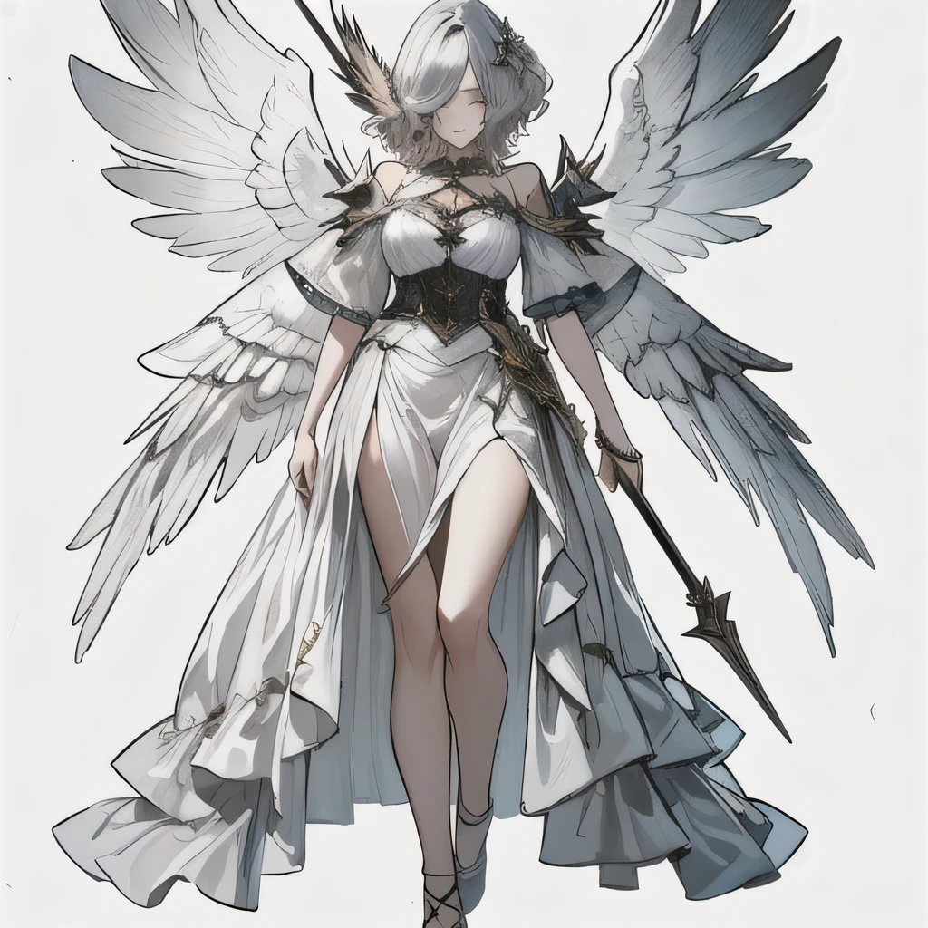 Sky background, Female angel drawing, Short full body portrait!, Whole body concept, detailed Whole body concept, Young Girls, sketch, Full body character concept, Full body figure painting, Majestic Angel, Winged people, Black Wings, White gauze dress, (masterpiece), ((best quality)), (Very detailed), (Beautiful eyes Beautiful details eyes, Clean and delicate face), lineart, monochrome,{{ Perfect facial proportions}},{{masterpiece}}, {{{best quality}}},{{Extremely detailed}}, {{illustration}},{{masterpiece}},{{{best quality}}},{{Extremely detailed}}, Photorealism,realism,Reality,High Detail,Ultra-high quality,high resolution,Popular on artstation,HD,16K,Unreal Engine,rendered on octane,Corona Rendering,Tilt Shift,Bottom View,Rembrandt photo