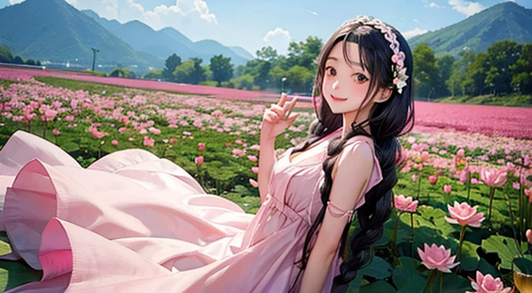 girl with long braids Wearing pink dress holding lotus Smiling in the sea of flowers