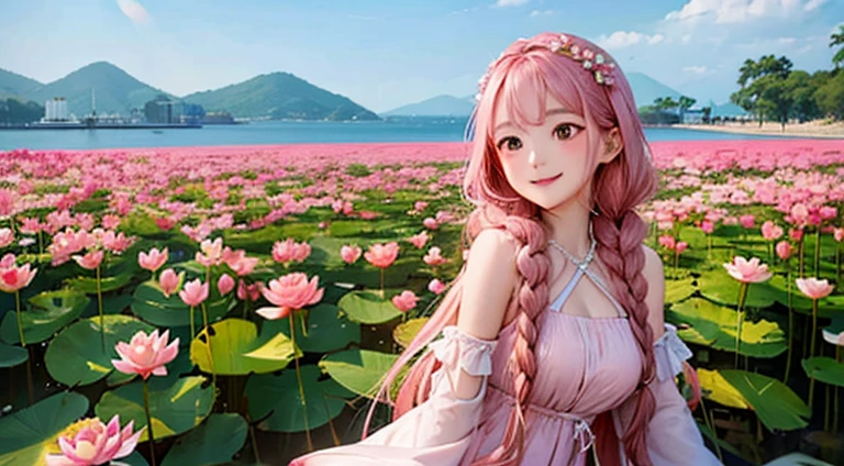 girl with long braids Wearing pink dress holding lotus Smiling in the sea of flowers