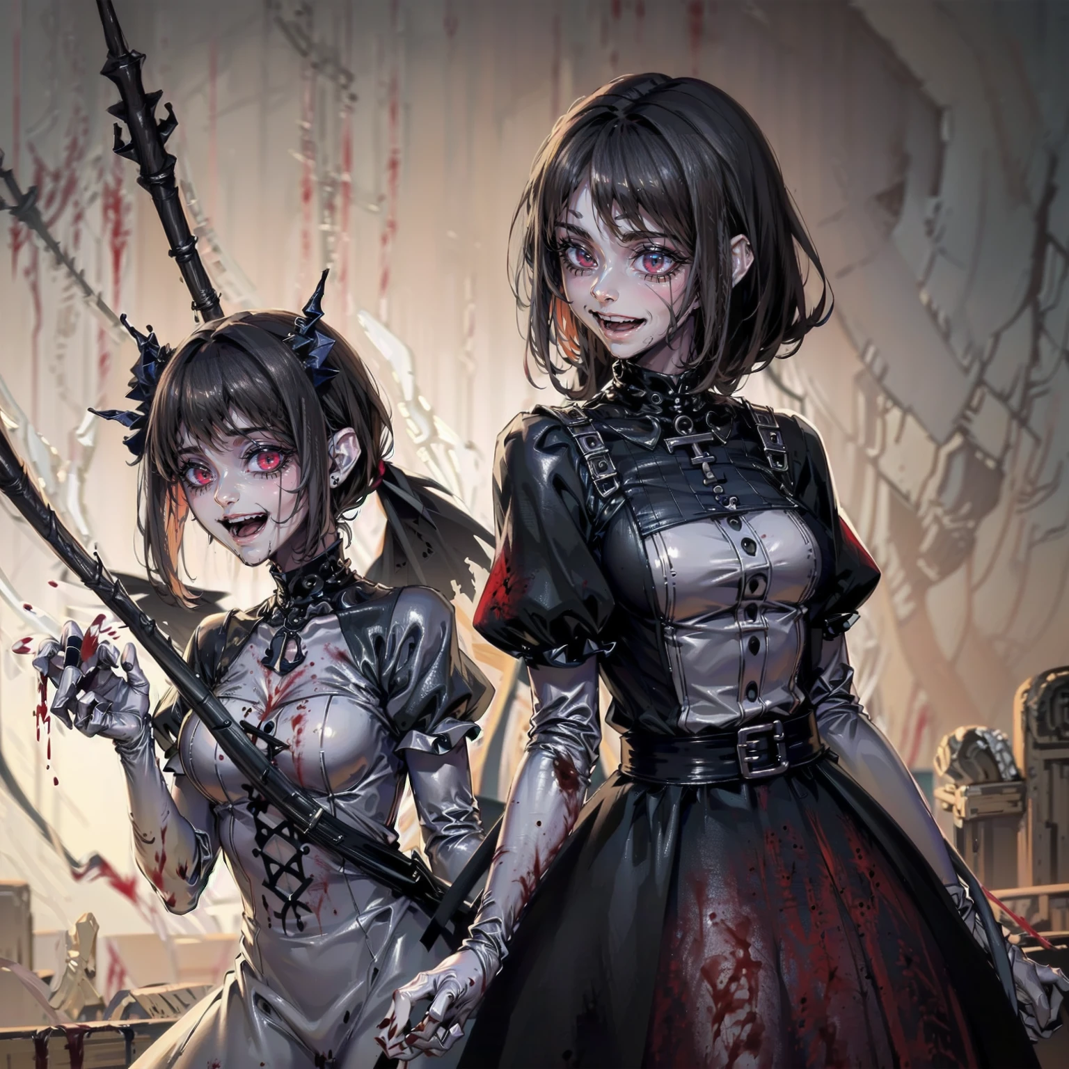 ,disaster々new devil horns,(Highest quality,4K,High resolution,masterpiece:1.2),Very detailed,Realistic:1.37,Spooky altar background,Dark fantasy,Red color scheme,Ominous atmosphere,Eye-catching,Storytelling,anatomy,Anime Style,Concept Art,beautiful細部までこだわった顔と (((Red eyes ))),A terrifying ritual ,Satanic Ritual,Premature death,inappropriate behavior,クレイジーなsmile,Scythe Face,Girl Monster, beautiful, Delicate facial features, Sharp Eye, Sharp Fangs, pale skin, Thick chain, Dark Background, Cinema Lighting, Dramatic Shadows, Gothic style, Gloomy atmosphere, Dark fantasy, One Girl, , Please open your mouth wide, Open your mouth and baring your teeth,Sharp teeth like a beast, Wide lips, very wide mouth, Vermilion cheeks, ,(Blood splatter:1.4),Scary smile, smile,Fallen angel design, Twisted smile、Bloody、bleeding from the head,,,,,、Blood splatter、,(Blood splatter:1.4),Crossbones, skull,Horror Style, ((Fantasy Fallen Angel Costume)), ((Flowing black hair)), ,(Blood splatter:1.4),Female curves, Sexy flat stomach, Perfect hands, Perfect anime face, ((White Lolita Dress)), Are standing, ((邪悪なsmile)), ,(Blood splatter:1.4), Steam circulates, Moonlight Illumination, night lighting, disaster々新new devil horns,,(Blood splatter:1.6),アニメFallen angel design, Twisted smile、Bloody、bleeding from the head,,,,,、Blood splatter、,(Blood splatter:1.4),Crossbones, skull,Gothic architecture、Western architecture、Fantasy World、,Victorian cities, Skeleton Gas Light,Absurd, High resolution、 ((Tabletop)), ((Highest quality)), (Very detailedな), ((Very detailed)), (beautiful), ((pretty girl)), (NFSW:1.8), alone,(10 years old:1.6)、(world&#39;The most terrifying and creepy demon girl:1.5)beautiful face、Whole Body Ezbian、pale, Beautiful Skin、beautiful黒の髪、Smiling Kindly、Dark building ruins、(snow white&#39;Frill dress:1.3)、(The dark ruins are stained with blood:1.3)、Low angle full body shot、(少女は血の海の中にAre standing:1.5)、(The ground is full of blood:1.3)、(The girl lost a lot of blood...:1.3)、)、(クレイジーなsmile:1.6)、Spirits、(Blood dripping from the mouth:1.3)