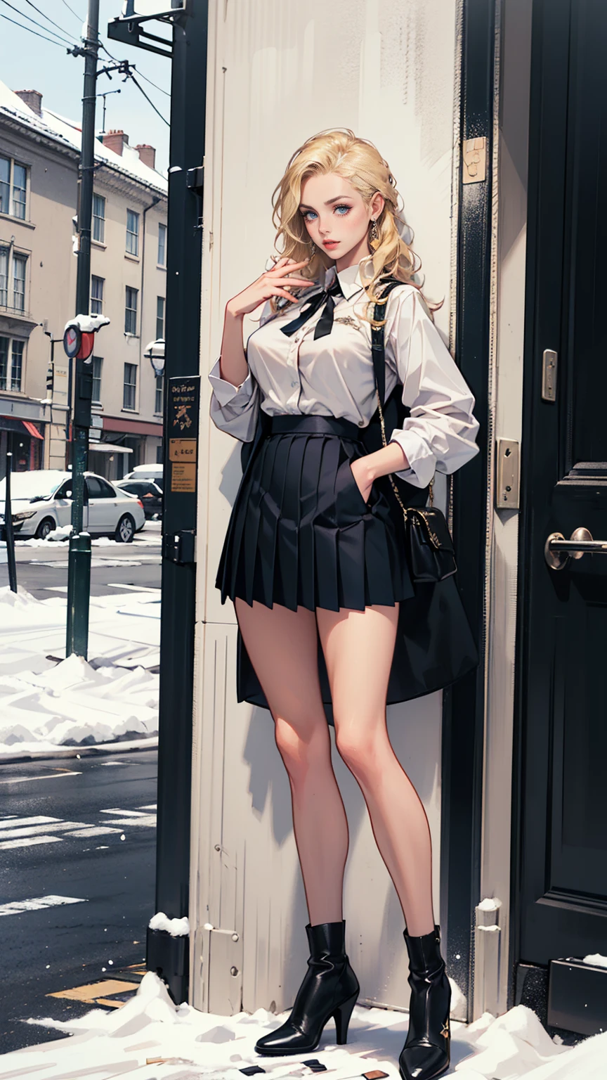 (ultra-detailed, photorealistic, best quality, 4k, 8k, highres, masterpiece:1.3), a woman wearing a winter coat in the snow, In her Swiss Elite Private , Isabella exudes an air of rebellious elegance, Her outfit includes a Top: A crisp white blouse neatly tucked into her pleated navy blue skirt, worn daringly shorter than the standard length, hinting at her bold personality, Bottom: A pleated navy blue skirt that accentuates her supermodel-like figure, Shoes: Polished, high-quality leather shoes subtly reflecting her affluent background, Accessories: A vintage silver locket, a family heirloom, showcasing her individuality amidst the uniformity, Her blonde hair: Left loose, its wavy locks cascading around her shoulders, enhancing her youthful charm, Additional: Her school blazer is often casually draped over her arm, adding a touch of nonchalance to her otherwise formal attire, Despite the constraints of the uniform, Isabella injects it with her unique personality, transforming it into a fashion statement that sets her apart from her peers, (((intricate detail, super finely detailed hands, ultra finely detailed fingers, ten fingers, standing confidently, full body showcase, show full body))),