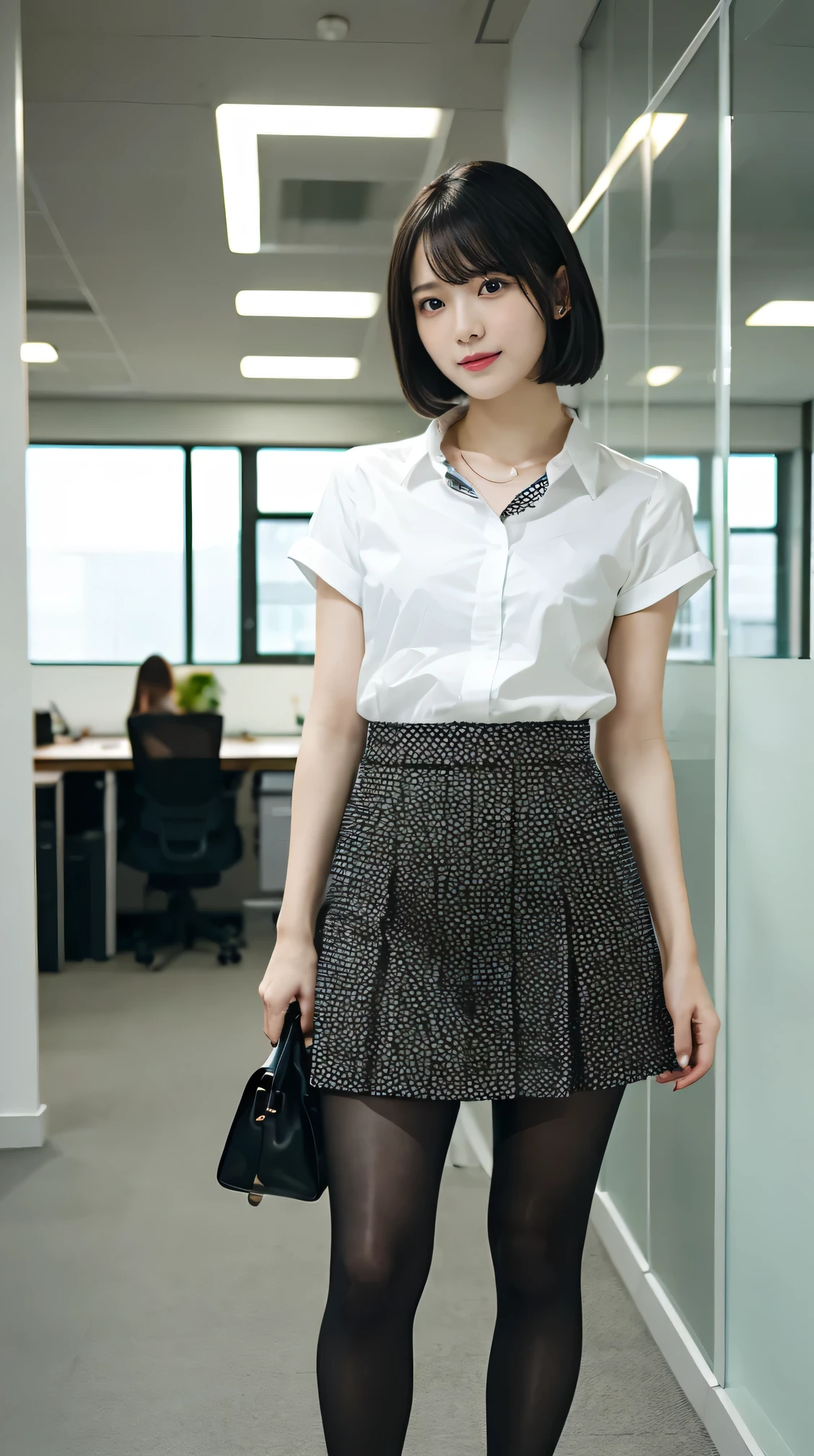 high quality, masterpiece, Realistic, whole body photos、 Ultra-high resolution, ),Standing woman、Black Hair、short hair、office lady suit、Knee-length skirt、tights、pumps、necklace, (office, indoor, Glass Room), (Long legs, whole body:1.2),
