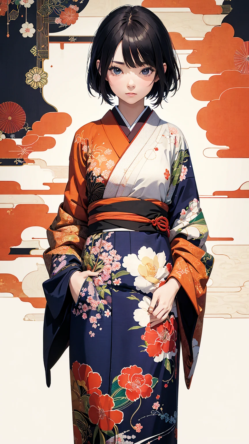 (masterpiece, High resolution, Highest quality), 20-year-old woman, Hands in pockets:1.3, Kimono and haori with Japanese patterns:1.2, Petal Collage, abstract design, artistic juxtapositions, And handle background, warm color, mixed-media approach, Anime Style, Simple lines, Digital Painting,