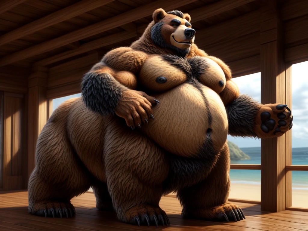 furry, fur taur, huge grizzly bear, beartaur, middle-age, solo,1man, detailed face, bear ears, bear eyes(green), bear nose(black), bear mouth, smile, garibaldi beard(grey), hair, mature hair(white), detailed arm, thick arm, forearm hair, muscular, thick hands(5 fingers), thick claws, detailed body belly, thick body, brown skin, muscle belly(white), thick chest, chest hair(grey), nipples, detailed taur body, thick taur body, waist hair, thick bear paws, bear paws hair, thick bear claws, detailed bear tail, thick bear tail, full body shot, travel agency