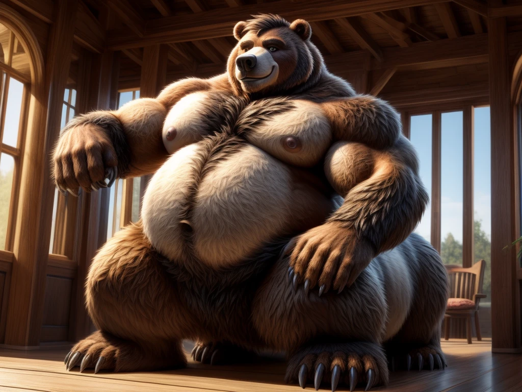 furry, fur taur, huge grizzly bear, beartaur, middle-age, solo,1man, detailed face, bear ears, bear eyes(green), bear nose(black), bear mouth, smile, garibaldi beard(grey), hair, mature hair(white), detailed arm, thick arm, forearm hair, muscular, thick hands(5 fingers), thick claws, detailed body belly, thick body, brown skin, muscle belly(white), thick chest, chest hair(grey), nipples, detailed taur body, thick taur body, waist hair, thick bear paws, bear paws hair, thick bear claws, detailed bear tail, thick bear tail, full body shot, travel agency