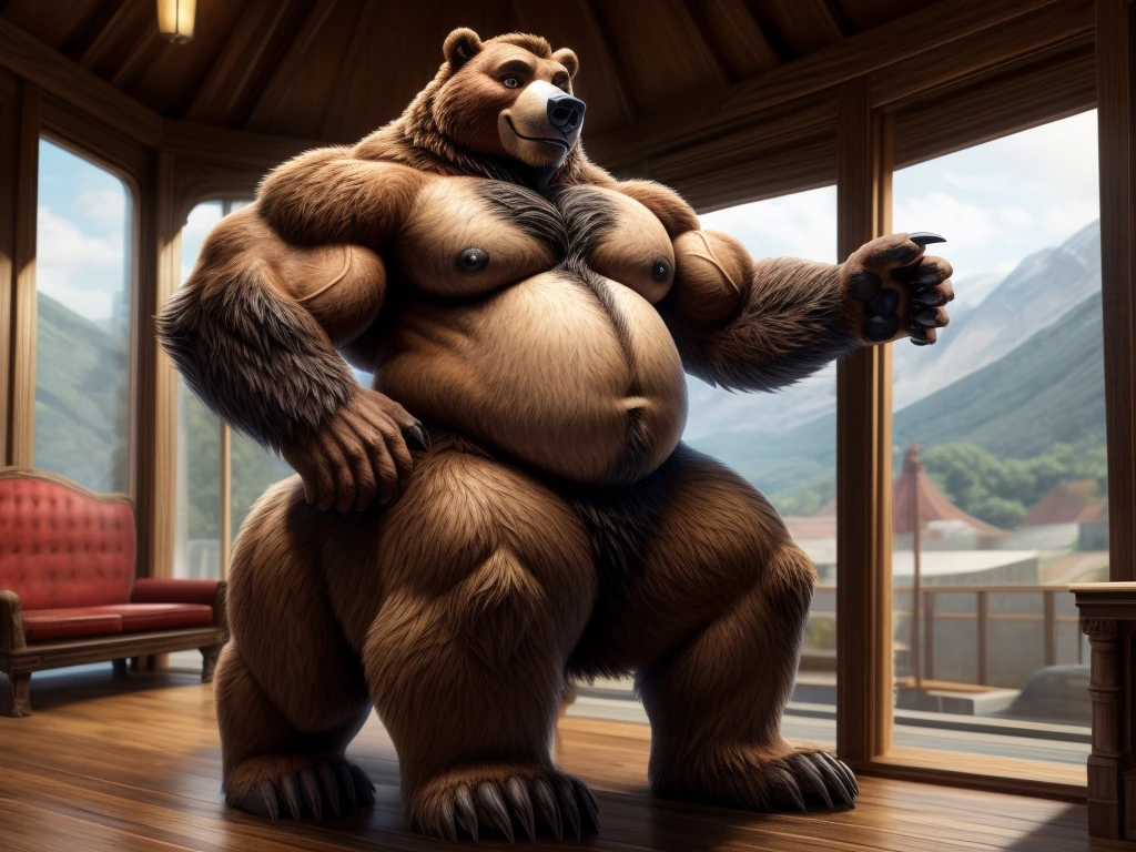 furry, fur taur, huge grizzly bear, beartaur, middle-age, solo,1man, detailed face, bear ears, bear eyes(green), bear nose(black), bear mouth, smile, garibaldi beard(grey), hair, mature hair(white), detailed arm, thick arm, forearm hair, muscular, thick hands(5 fingers), thick claws, detailed body belly, thick body, brown skin, muscle belly(white), thick chest, chest hair(grey), nipples, detailed taur body, thick taur body, waist hair, thick bear paws, bear paws hair, thick bear claws, detailed bear tail, thick bear tail, full body shot, travel agency