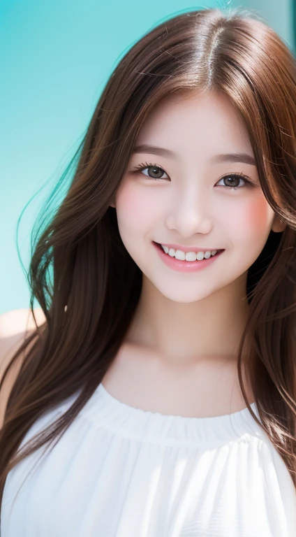Enhanced Dynamic Perspective，Cute pretty beautiful girl，ＪＫ ，18-year-old、Look at me and smile，Simple Background，Masterpieces，high quality，Girls&#39; School、4K resolution，Ultra-fine，More about pubic hair，Accurate，Cinema Lighting，Volleyball Club、Keep the original face proportions、(Big ample breasts)、((Button Gap))、squat、