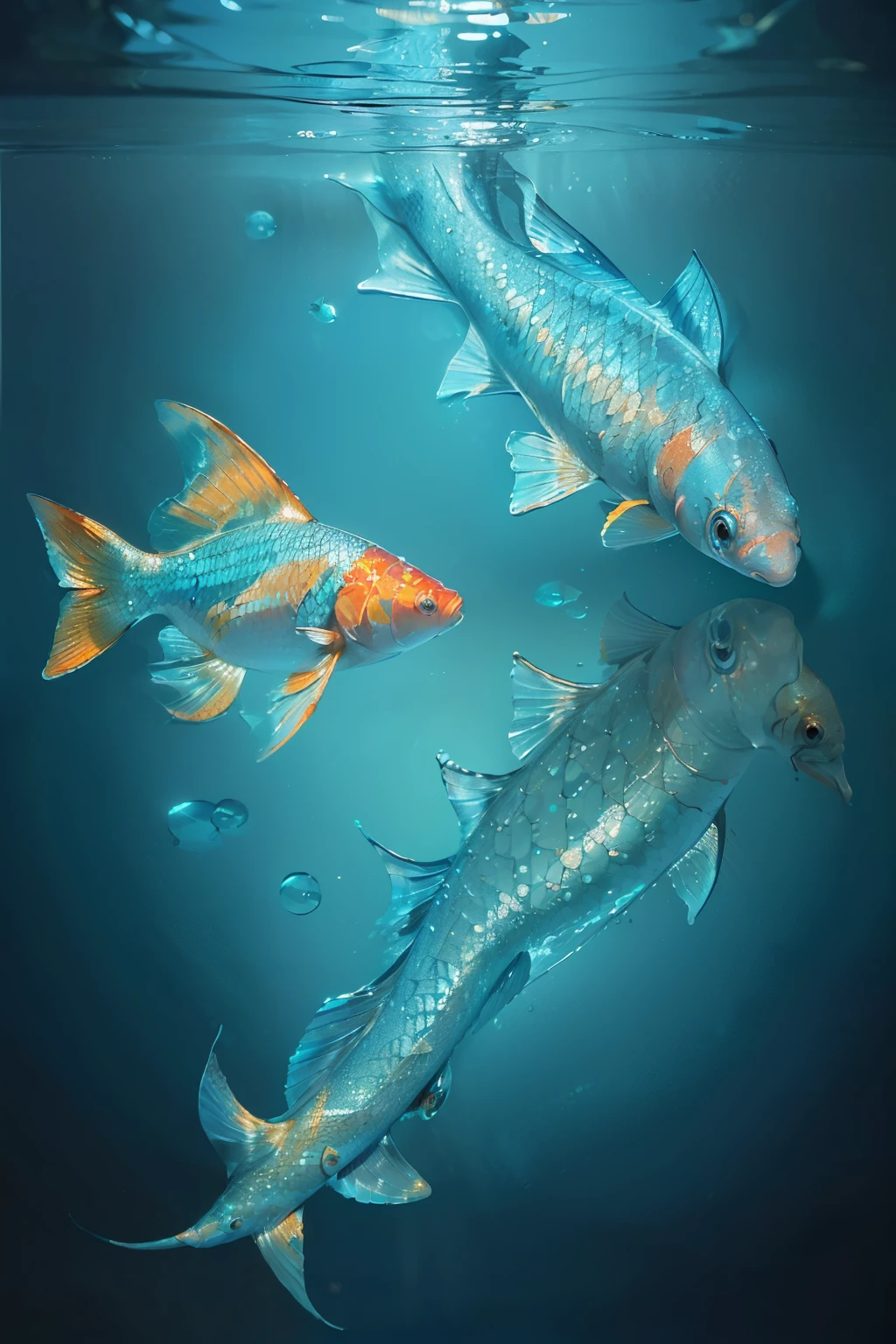 ((Aquatic Masterpiece)), ((Realistic Swimming Fish)), ((Detailed Scales and Fin Structure)), (Photorealistic:1.5), Orange Koi Fish, Underwater Scene, (Shimmering Water Reflections:1.4), (Vibrant Color Palette:1.5), (Transparent and Reflective Scales:1.37), (High-Resolution Texture Mapping:1.2), (Sub-Surface Scattering Effect:1.5), (PBR Texturing with Metallic Reflections:1.4), (Post Processed with Vibrance and Contrast Boost:1.2), (Anisot