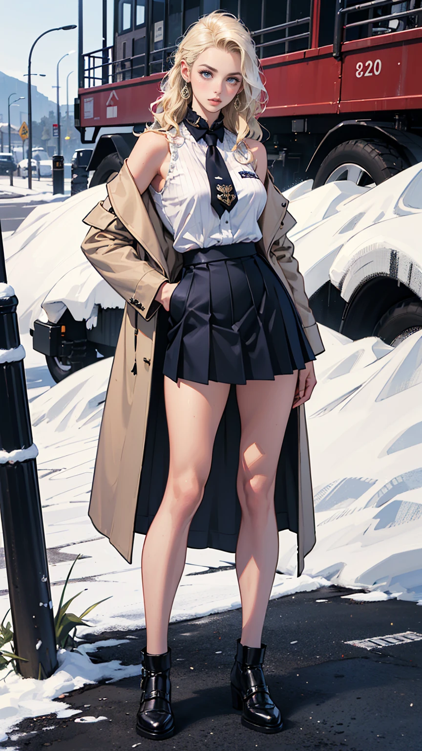 (ultra-detailed, photorealistic, best quality, 4k, 8k, highres, masterpiece:1.3), a woman wearing a winter coat in the snow, In her Swiss Elite Private , Isabella exudes an air of rebellious elegance, Her outfit includes a Top: A crisp white blouse neatly tucked into her pleated navy blue skirt, worn daringly shorter than the standard length, hinting at her bold personality, Bottom: A pleated navy blue skirt that accentuates her supermodel-like figure, Shoes: Polished, high-quality leather shoes subtly reflecting her affluent background, Accessories: A vintage silver locket, a family heirloom, showcasing her individuality amidst the uniformity, Her blonde hair: Left loose, its wavy locks cascading around her shoulders, enhancing her youthful charm, Additional: Her school blazer is often casually draped over her arm, adding a touch of nonchalance to her otherwise formal attire, Despite the constraints of the uniform, Isabella injects it with her unique personality, transforming it into a fashion statement that sets her apart from her peers, (((intricate detail, super finely detailed hands, ultra finely detailed fingers, ten fingers, standing confidently, full body showcase, show full body))),