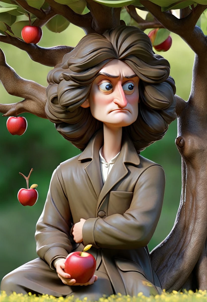 It features Isaac Newton under a tree and holding an apple