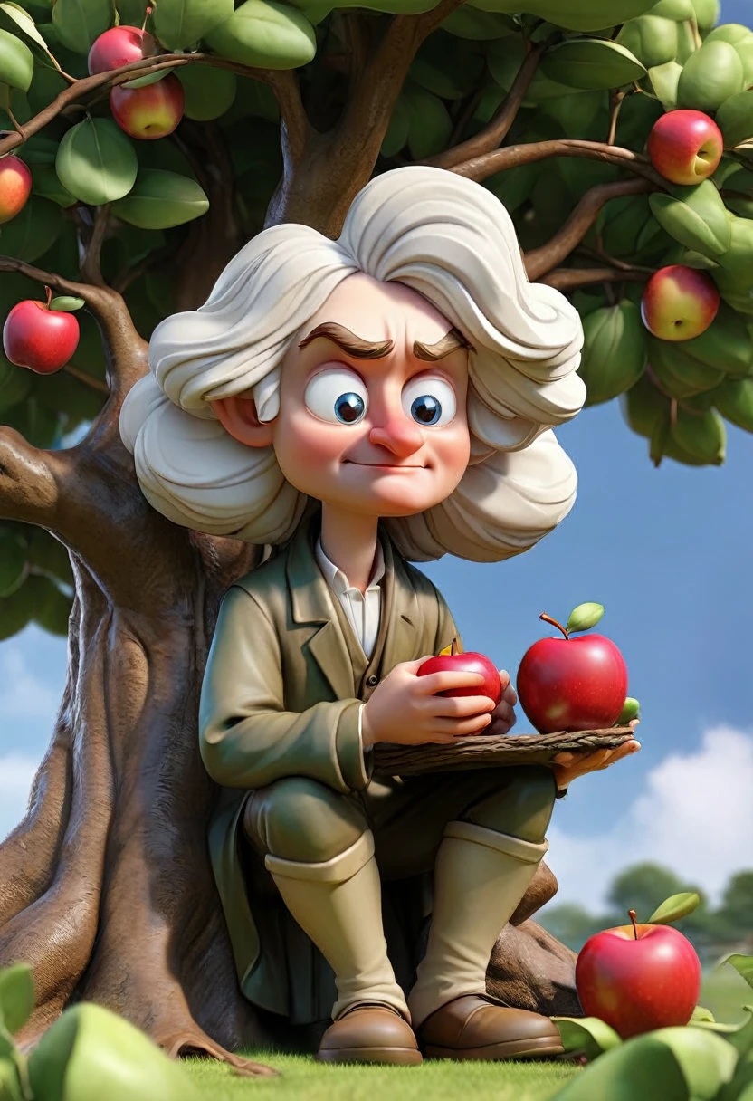 It features Isaac Newton under a tree and holding an apple