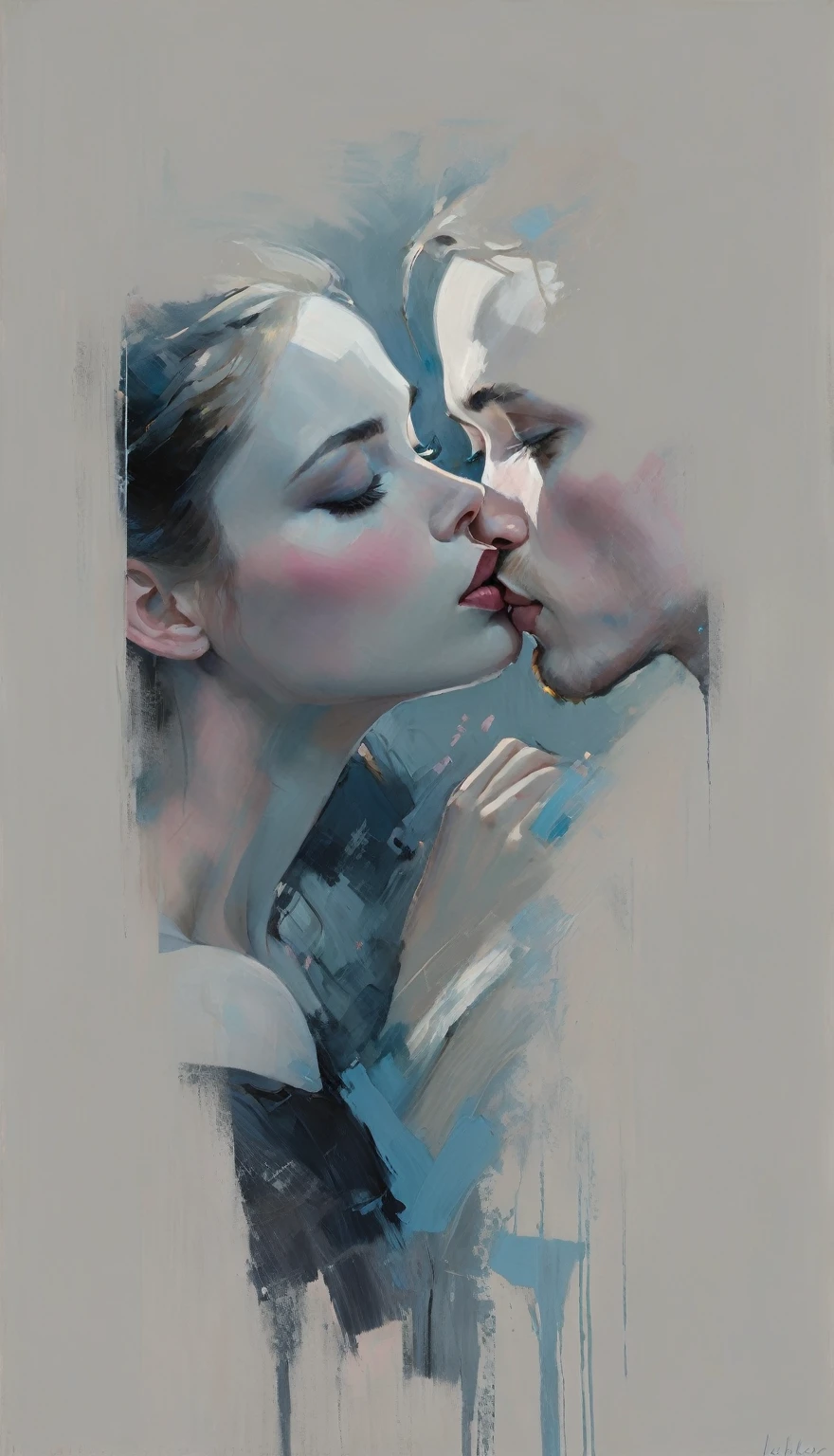 a contemporary portrait of a persons in the expressive and painterly style of Malcolm Liepke,man kissing woman ,close-up of the subject's faces with strong dynamic brushstrokes, focus on capturing the depth and texture, light pink and bright blue highlights and vibrant areas, muted blue, dark grayish blue, very dark gray, and light grayish blue shadows and depth, subtle variations of the same color palette in the background, modern elegance and emotional intensity