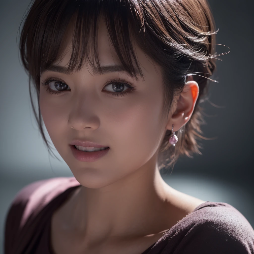 (Highest quality、8k、32K、Masseter muscle area、Hmph:1.2)、Very Short Hair、profile、(Slim figure:1.2)、(Lips) 、17 years old、Pink T-shirt、huge 、double eyelid、Glowing Skin、Realistic Layer、Beautiful Face、(Laughter:1.3)、squat、(From above:1.2)、(Close-up:1.4)、Blurred Background、(Front Focus)、(dark: 1.6)、Fantasy art、Photorealistic、Professional Lighting、Highly detailed face、Award-winning、Deep Shadow、