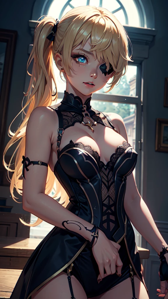 Young blonde girl, black eye patch, twin large ponytails, 
BREAK (masterpiece:1.2), best quality, high resolution, unity 8k wallpaper, (illustration:0.8), (beautiful detailed eyes:1.6), extremely detailed face, perfect lighting, extremely detailed CG, (perfect hands, perfect anatomy), joyful, laughing, Happy, corset with deep lace neckline, portrait (3:4), posing. In darkness next to a scary castle.