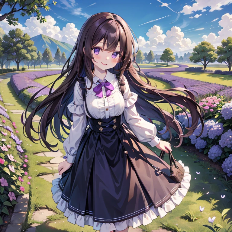 Masterpiece, Highest quality, Best image quality, Perfect lighting, 4K, 1girl, Solo, wears a Long skirt, Purple lavenders on the skirt, Purple eyes, has Long Brown hair, Chest close-up, During a walk, Outdoors, in the park road, Smile at me, The sense of distance as if you were walking next to me, sunny day, clouds on the sky