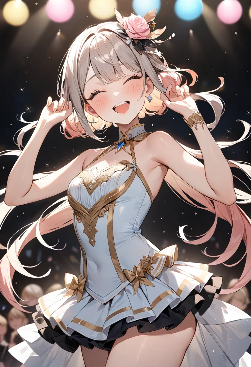 (masterpiece, top quality, very aesthetic, 4k、illustration), intricate detail, 1woman,、solo,contrapposto 、,(cowboy shot)、(pupils sparkling),Cute ,closed eyes、pose、happy smile、Random Hairstyle、Random Hair Color、,middle hair,sidelock ,Random Color eyes、idol clothes、small breasts、Slim 、