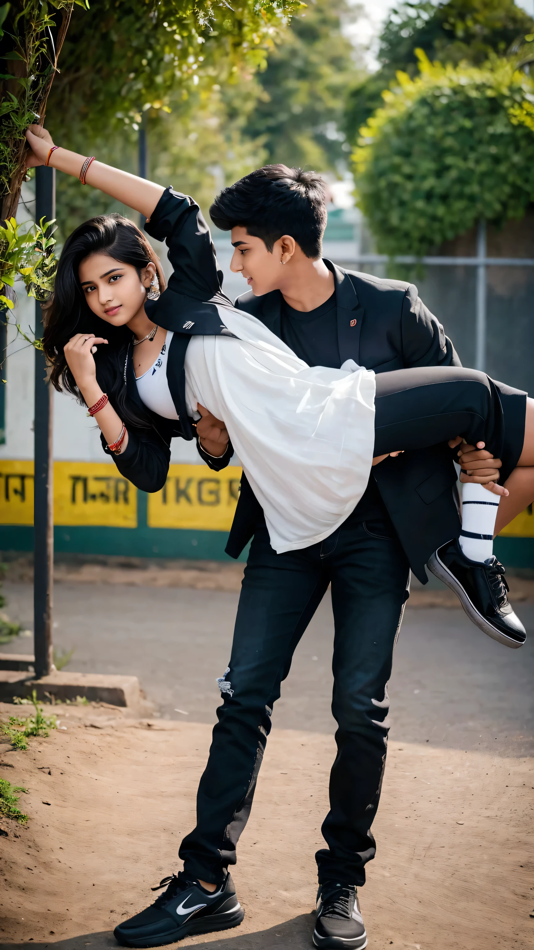 18-year-old Indian couple boy wearing black baseball jacket and black jeans and black shoes and girl wearing suit salwar and the boy lifting the girl's leg and touching her pussy and perfect boady 4k cinematic clourfull and background rice plante