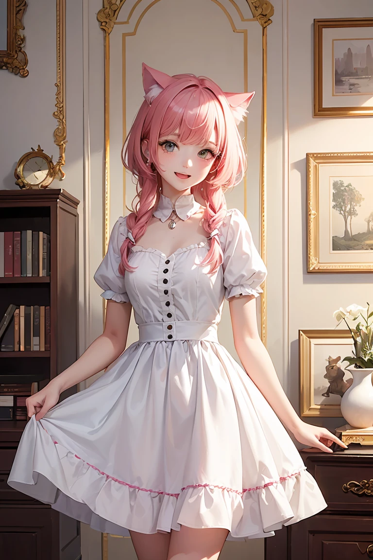 (score_9,score_8_up,score_7_up,score_6_up,score_5_up,score_4_up),(masterpiece, top quality, best quality, official art, beautiful and aesthetic:1.2), animation,, , 1girl with cat ear, perfect figure, pink hair, complex details, animation style, secondary style, living room, happy jump, white dress, pink hair ,