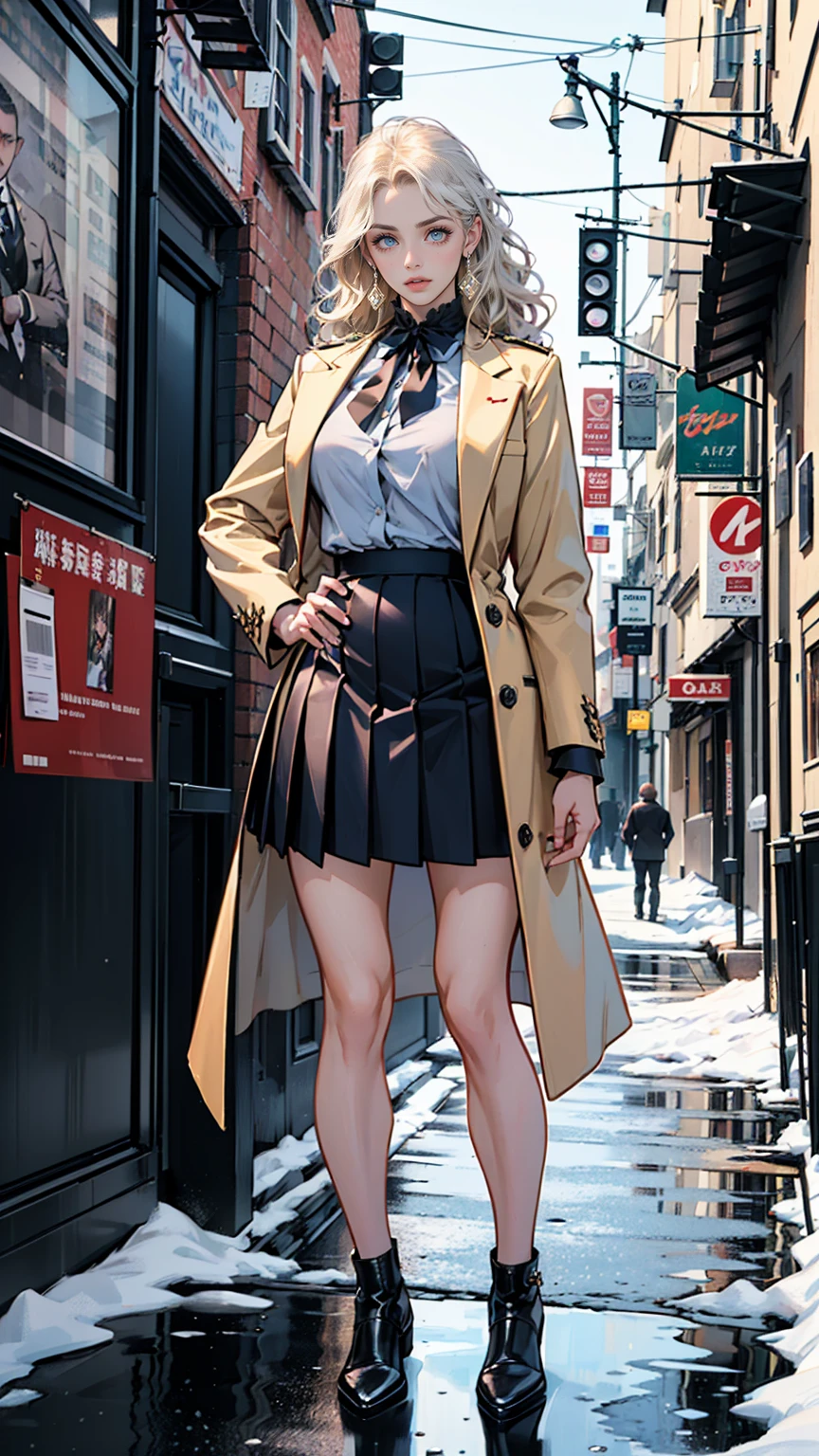 (ultra-detailed, photorealistic, best quality, 4k, 8k, highres, masterpiece:1.3), a woman wearing a winter coat in the snow, In her Swiss Elite Private , Isabella exudes an air of rebellious elegance, Her outfit includes a Top: A crisp white blouse neatly tucked into her pleated navy blue skirt, worn daringly shorter than the standard length, hinting at her bold personality, Bottom: A pleated navy blue skirt that accentuates her supermodel-like figure, Shoes: Polished, high-quality leather shoes subtly reflecting her affluent background, Accessories: A vintage silver locket, a family heirloom, showcasing her individuality amidst the uniformity, Her blonde hair: Left loose, its wavy locks cascading around her shoulders, enhancing her youthful charm, Additional: Her school blazer is often casually draped over her arm, adding a touch of nonchalance to her otherwise formal attire, Despite the constraints of the uniform, Isabella injects it with her unique personality, transforming it into a fashion statement that sets her apart from her peers, (((intricate detail, super finely detailed hands, ultra finely detailed fingers, ten fingers, standing confidently, full body showcase, show full body))),