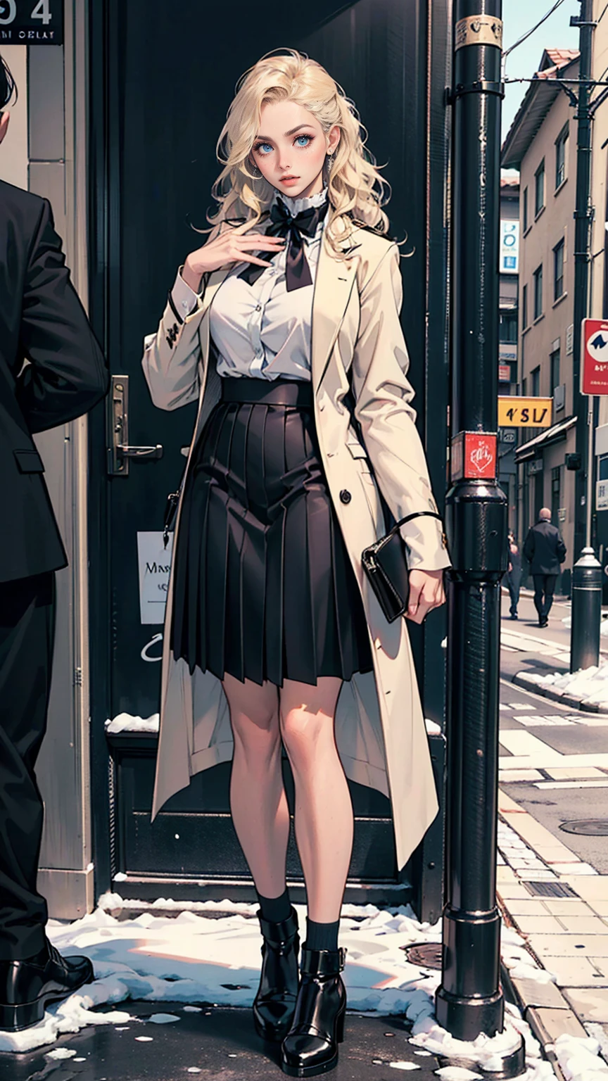 (ultra-detailed, photorealistic, best quality, 4k, 8k, highres, masterpiece:1.3), a woman wearing a winter coat in the snow, In her Swiss Elite Private , Isabella exudes an air of rebellious elegance, Her outfit includes a Top: A crisp white blouse neatly tucked into her pleated navy blue skirt, worn daringly shorter than the standard length, hinting at her bold personality, Bottom: A pleated navy blue skirt that accentuates her supermodel-like figure, Shoes: Polished, high-quality leather shoes subtly reflecting her affluent background, Accessories: A vintage silver locket, a family heirloom, showcasing her individuality amidst the uniformity, Her blonde hair: Left loose, its wavy locks cascading around her shoulders, enhancing her youthful charm, Additional: Her school blazer is often casually draped over her arm, adding a touch of nonchalance to her otherwise formal attire, Despite the constraints of the uniform, Isabella injects it with her unique personality, transforming it into a fashion statement that sets her apart from her peers, (((intricate detail, super finely detailed hands, ultra finely detailed fingers, ten fingers, standing confidently, full body showcase, show full body))),