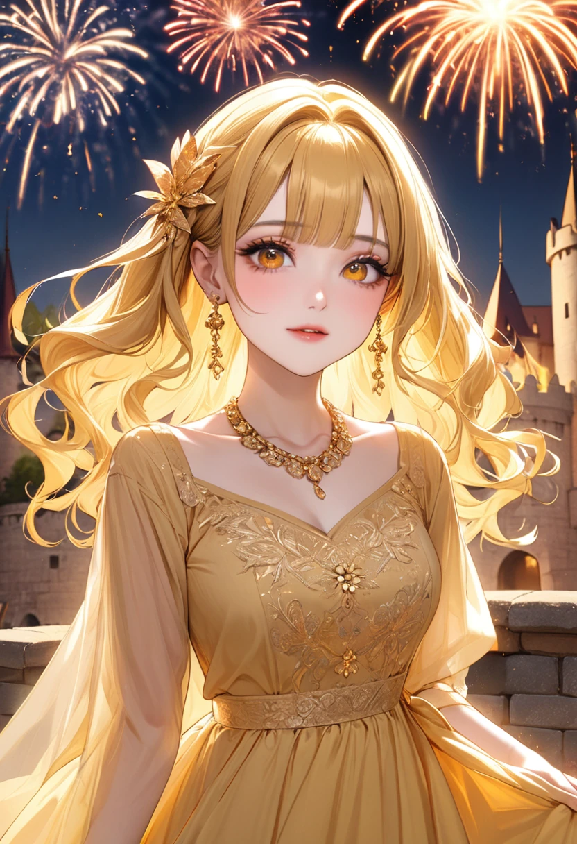 1 female　Yellow short wavy hair　Yellow eyebrows　Orange eyes　Socialite debut　Beige gold embroidered long dress　Inside the castle　firework 　hair ornaments　Gorgeous necklace with matching earrings　Golden West　Bangs that cover the forehead
