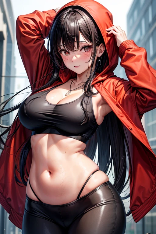 A thicc anime MILF with ong black straight hair, dark red eyes, and large breasts wearing a trench coat naked under it except for black Stocking and Garter belt