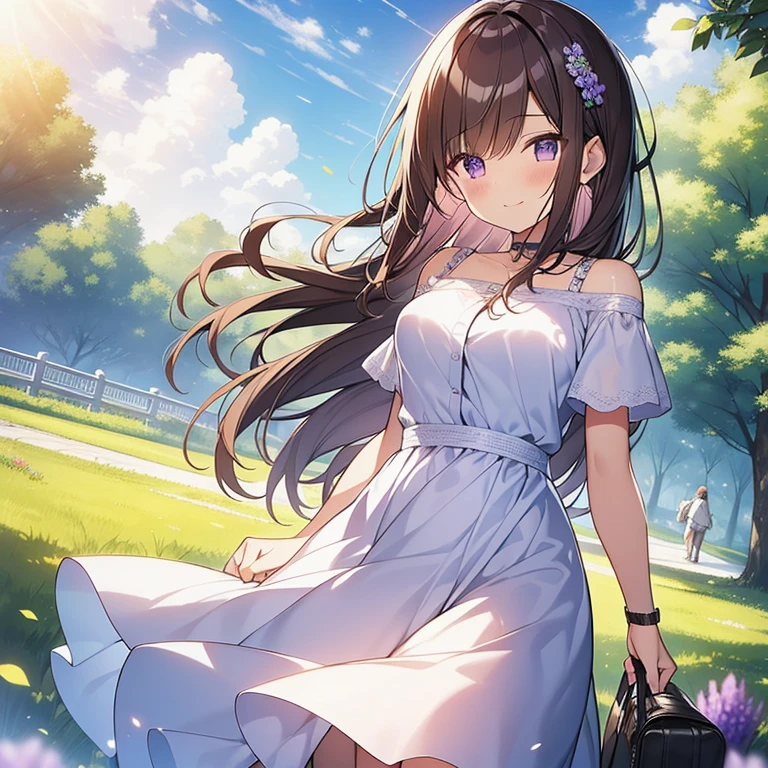 Masterpiece, Highest quality, Best image quality, Perfect lighting, 4K, 1girl, Solo, wears a Long White skirt, flowers on the skirt, Purple lavenders on the ground, Purple eyes, has Long Brown hair, Chest close-up, During a walk, Outdoors, in the park road, Smile at me, The sense of distance as if you were walking next to me, sunny day, clouds on the sky