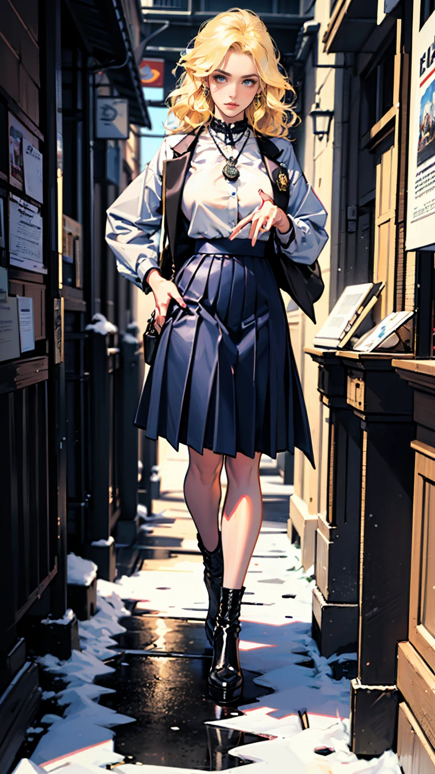 (ultra-detailed, photorealistic, best quality, 4k, 8k, highres, masterpiece:1.3), a woman wearing a winter coat in the snow, In her Swiss Elite Private , Isabella exudes an air of rebellious elegance, Her outfit includes a Top: A crisp white blouse neatly tucked into her pleated navy blue skirt, worn daringly shorter than the standard length, hinting at her bold personality, Bottom: A pleated navy blue skirt that accentuates her supermodel-like figure, Shoes: Polished, high-quality leather shoes subtly reflecting her affluent background, Accessories: A vintage silver locket, a family heirloom, showcasing her individuality amidst the uniformity, Her blonde hair: Left loose, its wavy locks cascading around her shoulders, enhancing her youthful charm, Additional: Her school blazer is often casually draped over her arm, adding a touch of nonchalance to her otherwise formal attire, Despite the constraints of the uniform, Isabella injects it with her unique personality, transforming it into a fashion statement that sets her apart from her peers, (((intricate detail, super finely detailed hands, ultra finely detailed fingers, ten fingers, standing confidently, full body showcase, show full body))),