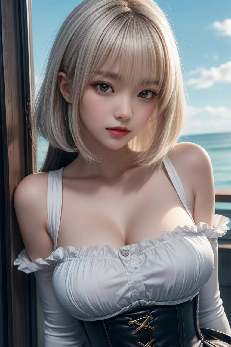 reflected light、Platinum blonde hair with dazzling highlights、Shiny Hair、Super long, Silky straight hair、Beautiful shiny bangs、bright, clear, charm, large blue eye、so beautiful, A cute and adorable -yeld gi、Ample Bust、Beautiful detailed eye、 Beautiful and detailed nose,((whole body:1.5)),eyeを強調するメイク、Royal Style、Comic book style、、Scattered under the surface、Glamorous details、Nature background、Super huge breasts、((Cinematic))、Dramatic lighting、(Loose and fluffy perm:1.4)、1 girl、((Bob Hair:1.3))、超Genuineな8K CG、絵に描いたようなperfectionなperfectionな顔、perfection、clean、masterpiece、Professional artwork、 Famous works of art、perfectionな顔、Beautiful Face、美しいeyeのない女性の体))、alone、(Immersive atmosphere、Claire Obscure:1.5、bright light:1.2、bright lighting)、(blush:0.5)、Captivating look、Very detailed_eye、Thick thighs、big、Beautifully detailed backgrounds、Written boundary depth、Genuine:1.3、Long Shot、whole body、(Zhou Haoguang:1.3)、(Cinematic composition:1.3)、(Puffy eye:1.2)、(Slim legs)、(Light on face and chest)、(((((Underbust)))))、Under the chest、Oily skin、thin、 Mature Woman、Light blue hair、((bright灰色の髪))、(((Two-tone hair)))、Slender women、Cute Woman、 8K Ultra HD,Detailed face、Delicate texture, Long Hair、Leather Suit、erotic、Ocean