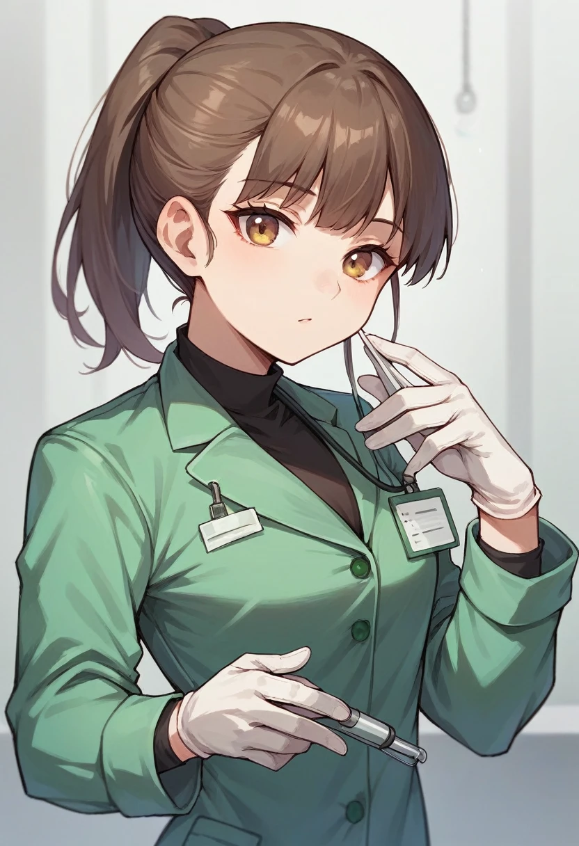 1girl, bangs, ponytail, ((brown surgical gloves)), ((((long sleeves)))), looking at viewer, ((green doctor outfit)), standing, solo