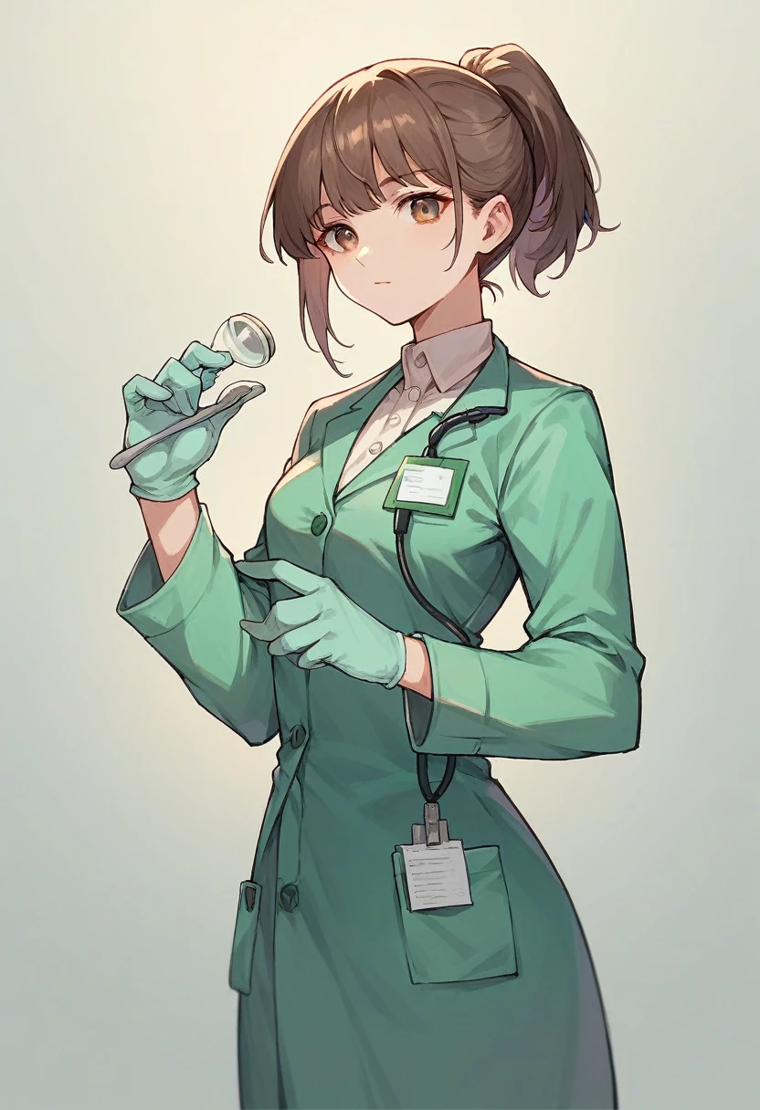 1girl, bangs, ponytail, ((brown surgical gloves)), ((((long sleeves)))), looking at viewer, ((green doctor outfit)), standing, solo