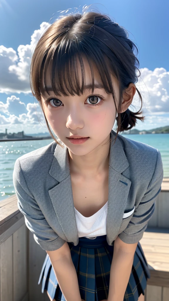 One Girl,(1人のとてもcute女の子:1.3),masterpiece,Highest quality,High resolution,From below,Low - Angle,Photorealistic,RAW Photos,Ray Tracing,Physically Based Rendering,beautiful girl,(15 years old:1.3),cute,Big eyes,(detailed pupils:1.2),(The face is facing straight ahead:1.3),Body facing forward,Beautiful nose,Upturned nose,Fuller lips,Short black hair,ponytail,short hair,Detailed eyelashes,Thin eyebrows,Very fine grain definition,(Symmetrical eyes,Golden Ratio:1.3),(Beautiful feet:1.0),Small breasts,Short neck,Navy Blue Blazer,Checkered pleated skirt,coastal,Blue sky,White cloud,White socks,Long legs with slender stretches,View Viewer,whole body,Cinema Lighting,High resolution,Very detailed