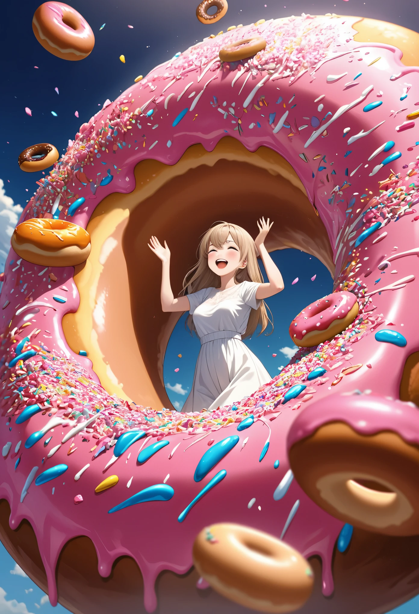 Highest quality, Super quality, 16K, Incredibly absurd, Very detailed, 2.5D, delicate and dynamic, Beautiful woman, Captivating smile, Girl being crushed by giant donut