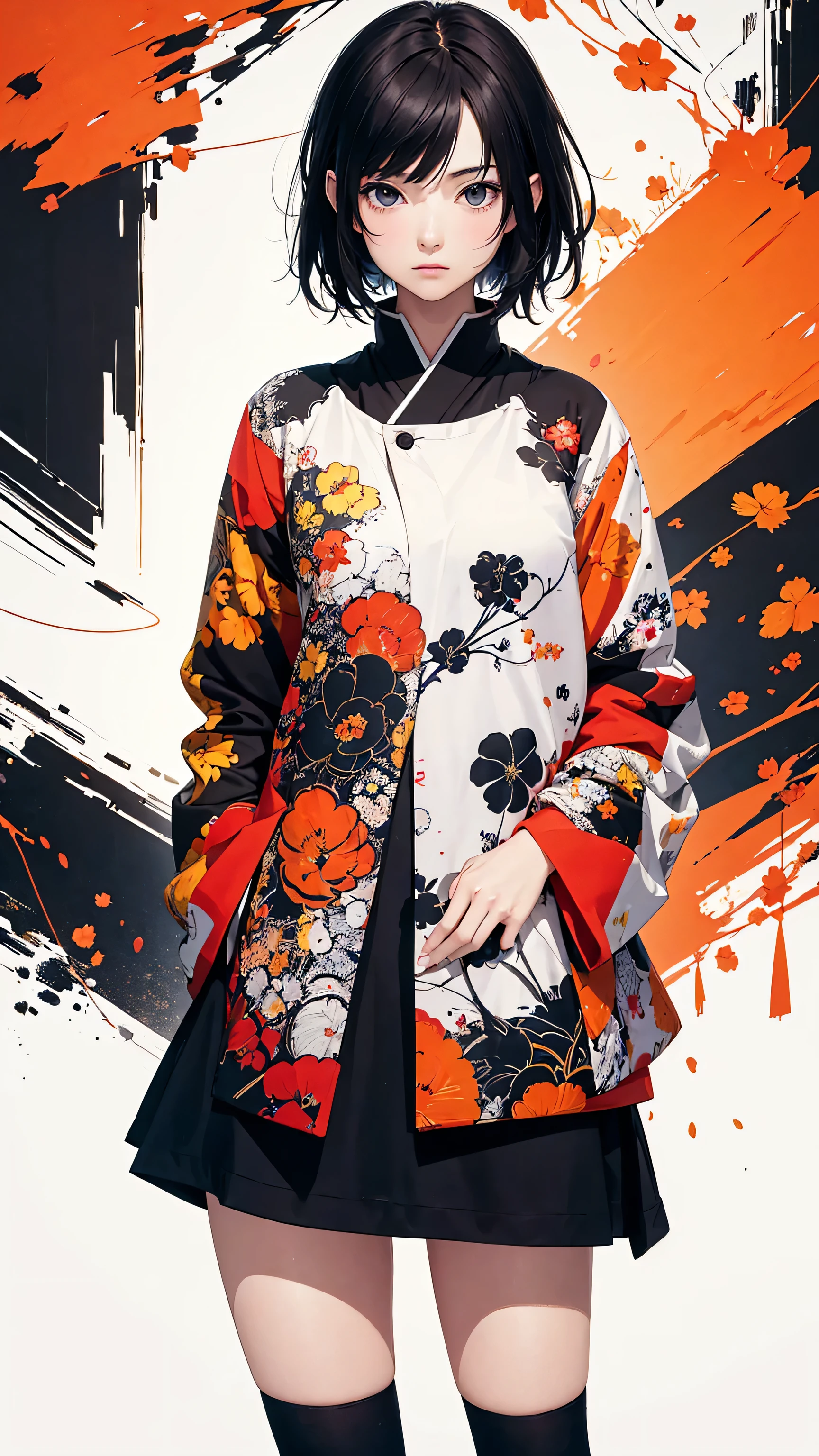 (masterpiece, High resolution, Highest quality), 20-year-old woman, Hands in pockets:1.3, Japanese-style punk fashion:1.2, Petal Collage, abstract design, artistic juxtapositions, And handle background, warm color, mixed-media approach, Anime Style, Simple lines, Digital Painting,