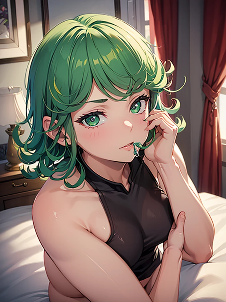 (high res, 8K, masterpiece, looking at viewer, best quality, very aesthetic, ultra detailed, ultra background, ultra Eyes), intricate details, 1girl, Tatsumaki, Nude, Green Short Hair, Green Eyes, love-shaped pupils, Blowjob, Cum on the Face, Cum On The Mouth, Ahegao, Cheeks Flushed, Perverted Face, Background Bedroom, Hotel, Cinematic Angle