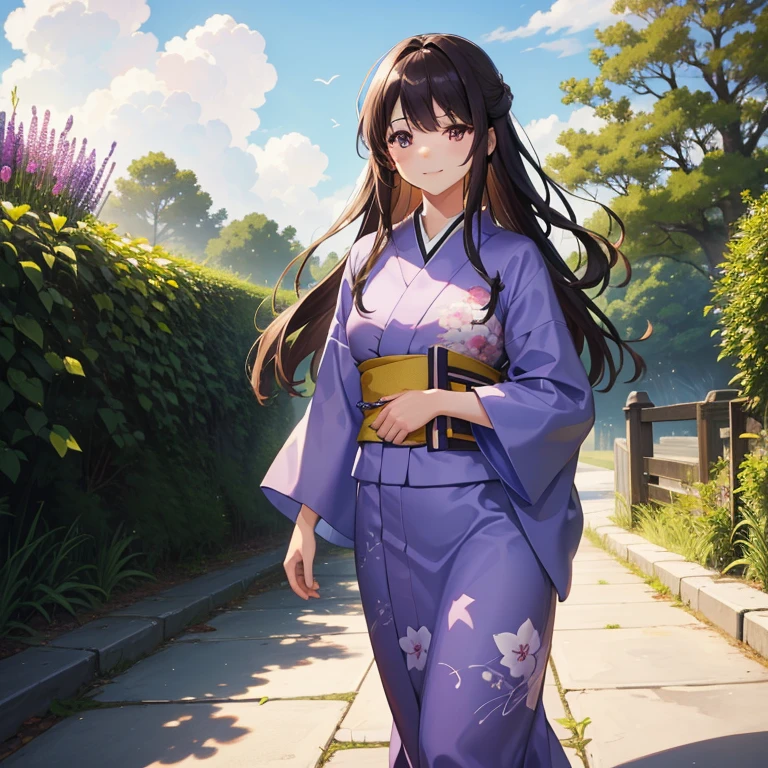 Masterpiece, Highest quality, Best image quality, Perfect lighting, 4K, 1girl, Solo, wears a yukata, Purple lavenders on the ground, Purple eyes, has Long Brown hair, Chest close-up, During a walk, Outdoors, in the park road, Smile at me, The sense of distance as if you were walking next to me, sunny day, clouds on the sky