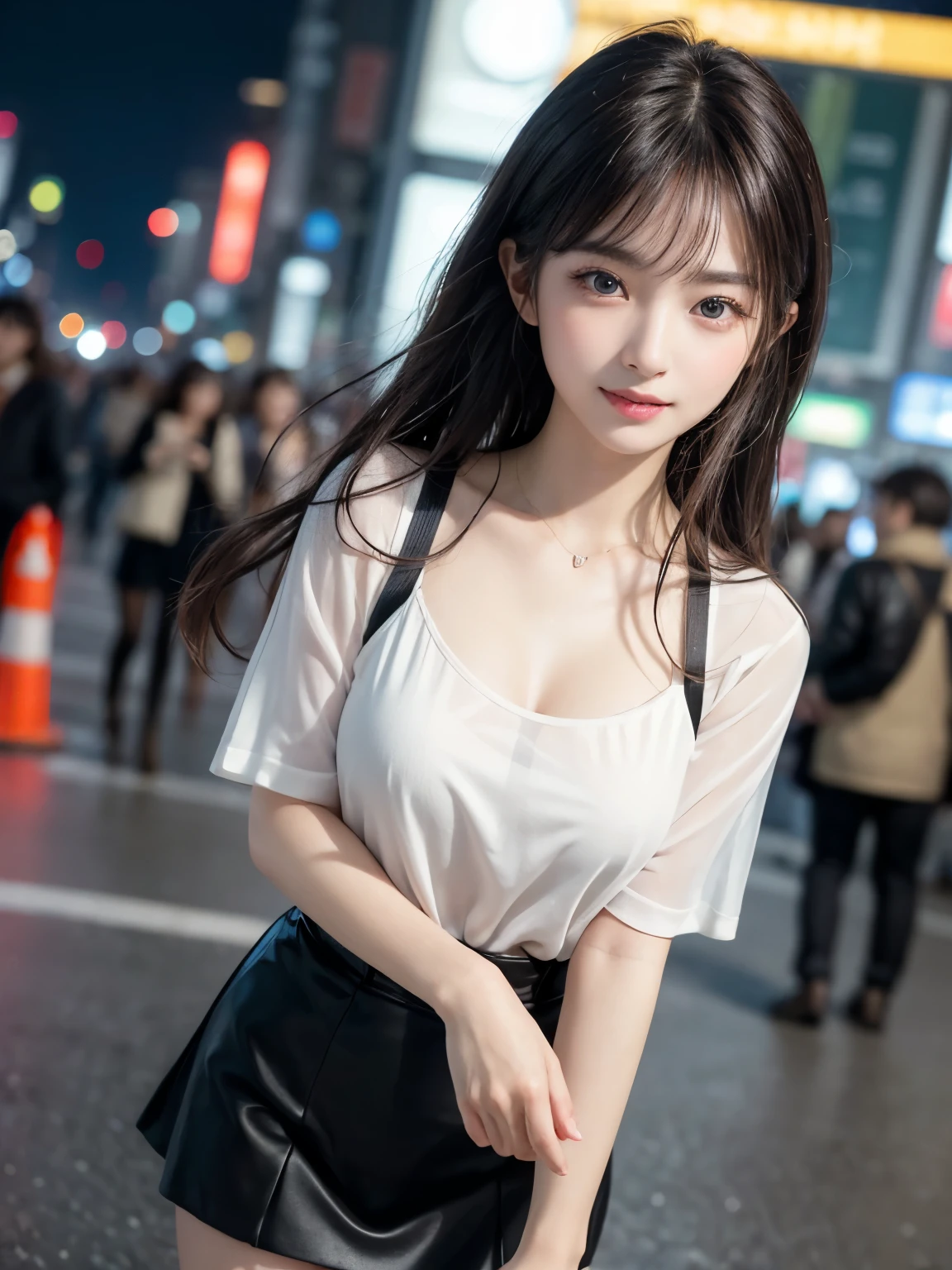 ((masterpiece: 1.3),8k, Realistic, RAW Photos, Highest quality: 1.4),whole body、 (One Girl), beautiful顔, (Realistic Face), (Brown long hair: 1.3), bangs,  Perfect dynamic composition,(High quality with attention to detail, Realistic depiction of eyes:1.3)、(((Shinjuku Station、Neon city at night、Short sleeve knit、See-through、skirt)))、 profile、２１talent、beauty、Well-formed face、Make the eyes even、Banditium Build、Balanced ratio、beautiful足、Fresh face、beautiful景色、beautifulヘアスタイル, (bangs), (smile), smile, Realistic eyes, Gloss, highlight, highlight in the Eyes, eyelash, 目の中のbeautifulディテール, (Realistic Skin), Shooting from the air、beautiful肌, Transparency、(beautiful)、 smile, teeth, Confused, charm, 超High resolution, Ultra-realistic, High resolution, Golden Ratio, clear eyes, Wet, Looking into the camera, ear, Shine, Long neck, double eyelid, Thin eyebrows、Big eyes, cheek, kind character, charm personality, kind, 圧倒的なcharm, bright personality